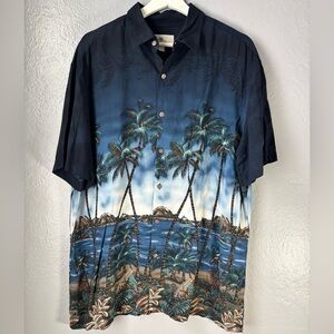 Island Shore Hawaiian Shirt Size L men’s Dark Palm Tree Beach Shore‎ vintage